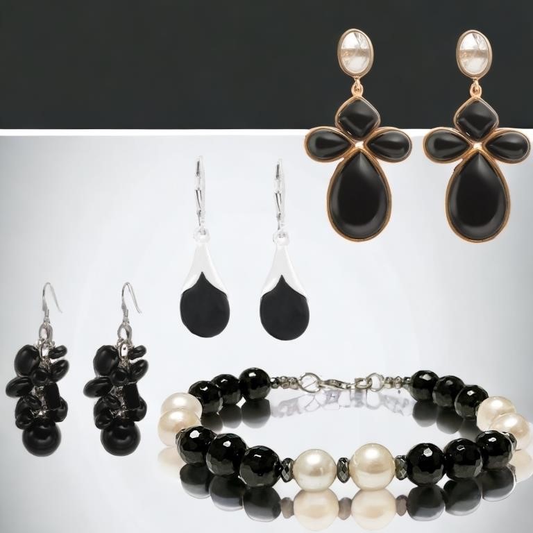 Elegant Black Onyx Earrings & Bracelet Set