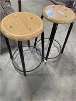 PAIR OF SHOP STOOLS, 24" TALL, CHIPS ON SEATS