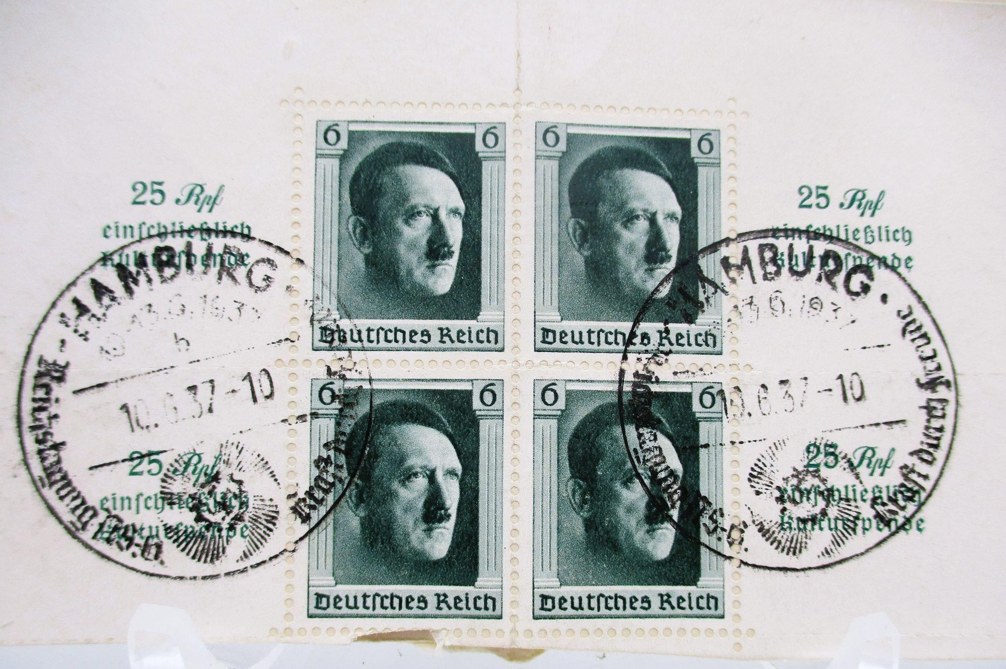 WWII Nazi German Hitler 6pf Cancelled Plate Block