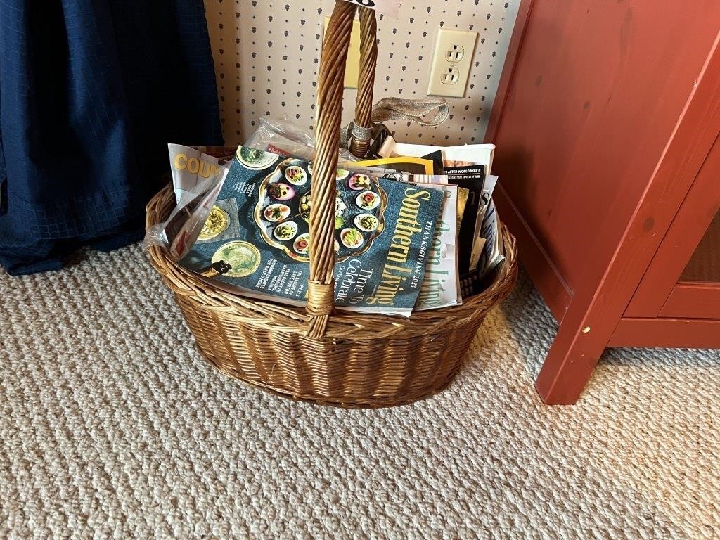 MISC. MAGAZINE LOT WITH BASKET AND MORE