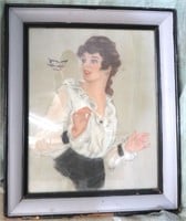 VINTAGE FRAMED PICTURE OF WOMAN & BUTTERFLY