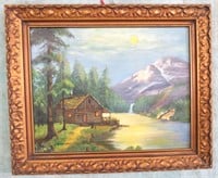 FRAMED OIL PAINTING OF CABIN ON THE LAKE-McCREICHT