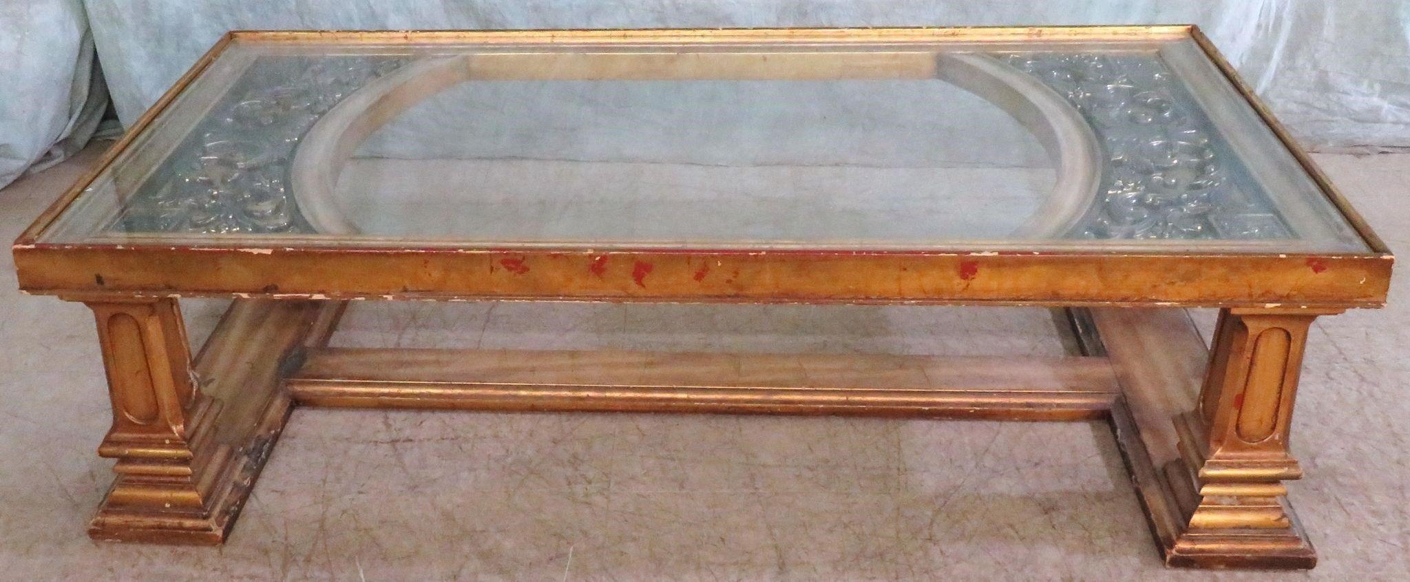 GOLD-TONED VINTAGE GLASS TOP COFFEE TABLE
