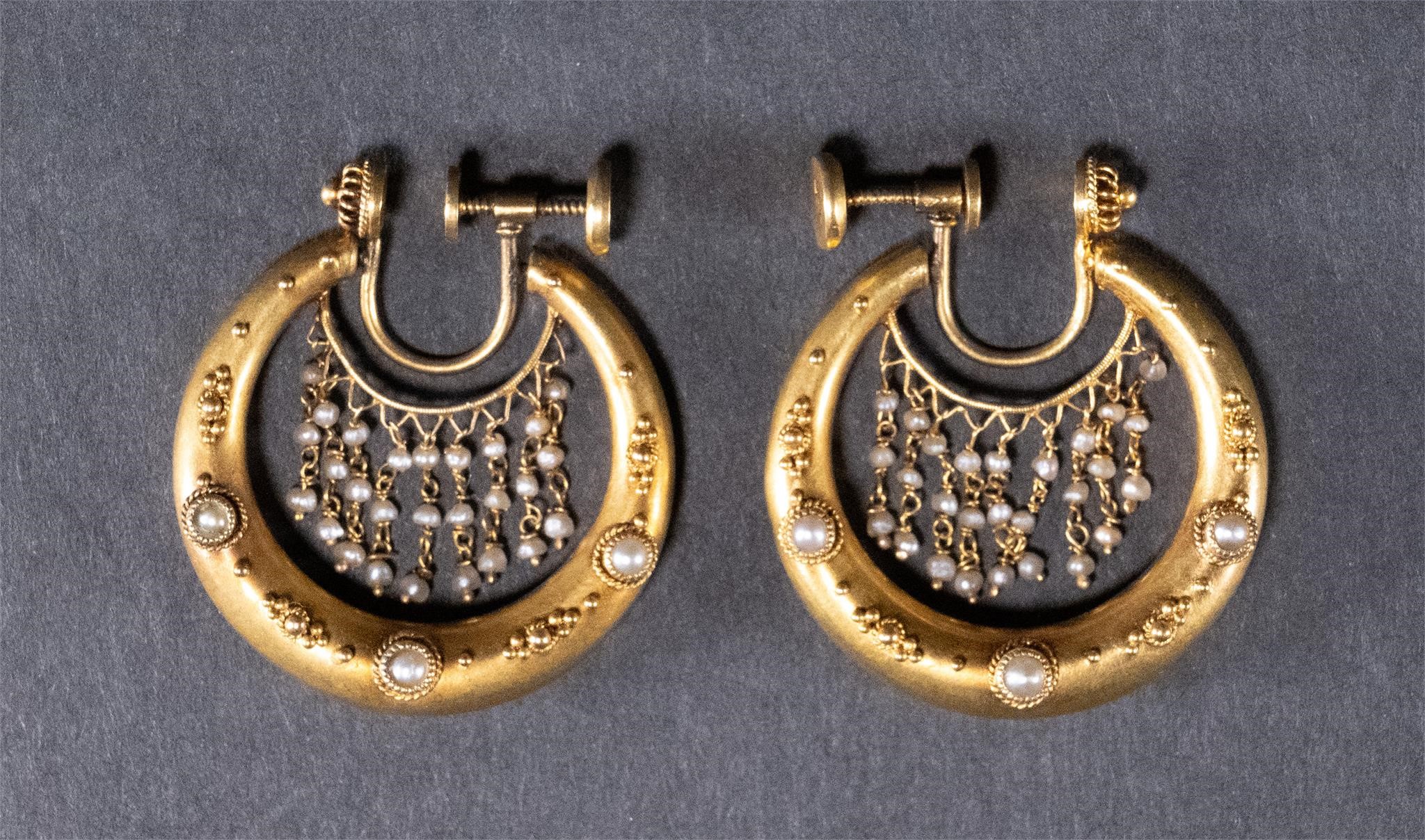 14k Gold Pearl Filigree Hoop Earrings