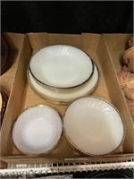 fire king white swirl plates and bowls