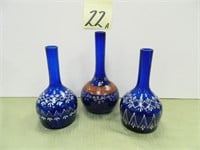 (3) Vintage Cobalt Blue Barber Bottles w/ Enamel -