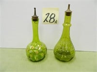 (2) Lime Green Barber Bottles w/ Enamel Overlay