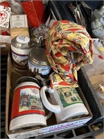 4 old style Steins and coors apron
