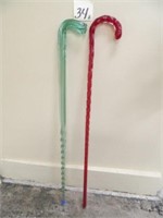 (2) Glass Canes - (1) Green, (1) Red