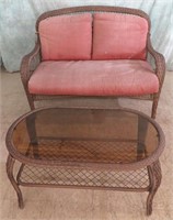 FAUX WICKER PATIO SEAT & GLASS TOP TABLE