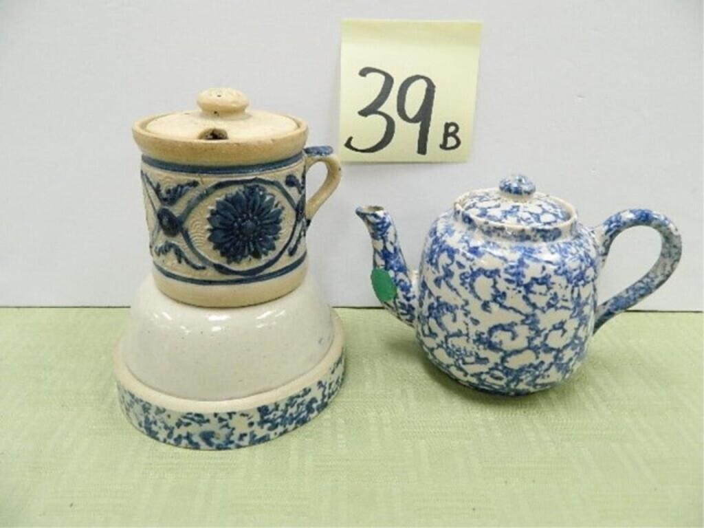 Blue & White Spongeware Tea Pot, 5" Sponge Band -