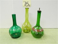 (3) Green Glass Barber Bottles w/ Enamel Overlay