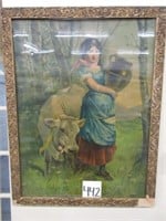 Antique Framed Print of Milk Maid w/ Cow (23x30)