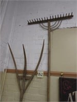 (2) Wood Primitive Tools - 3-Tine Pitchfork & Rake