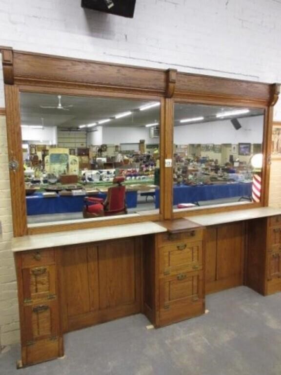 Antique Oak Barber Shop Back Bar w/ Mirrors &
