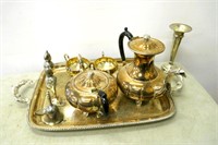 Silver Plate Tea & Coffee Set w/ Tray, Etc