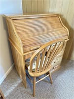 Oak roll top desk with chair and keys 36” x 44.5”