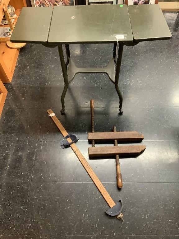 Rolling table, primitive wood clamp, vintage