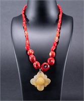 Chinese Red Coral Yellow Jade Sterling Necklace