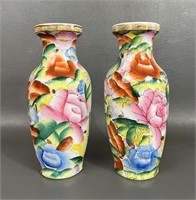 Pair of 2 Chinese hand painted Famille Rose Vases