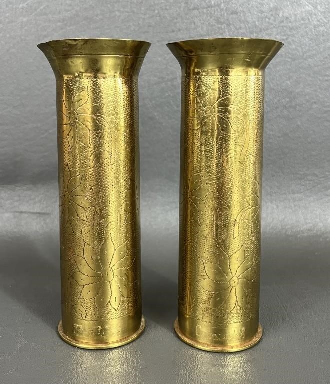 Pair of WWI Royal Navy Trench Art Engraved Shells