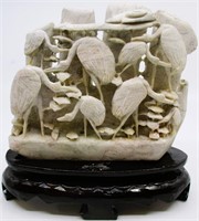 Intricate Chinese Carved Soapstone Cranes Scene