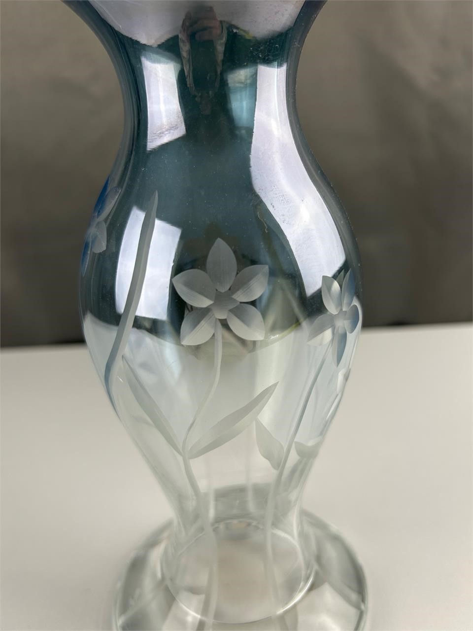 Blueish etched floral vase