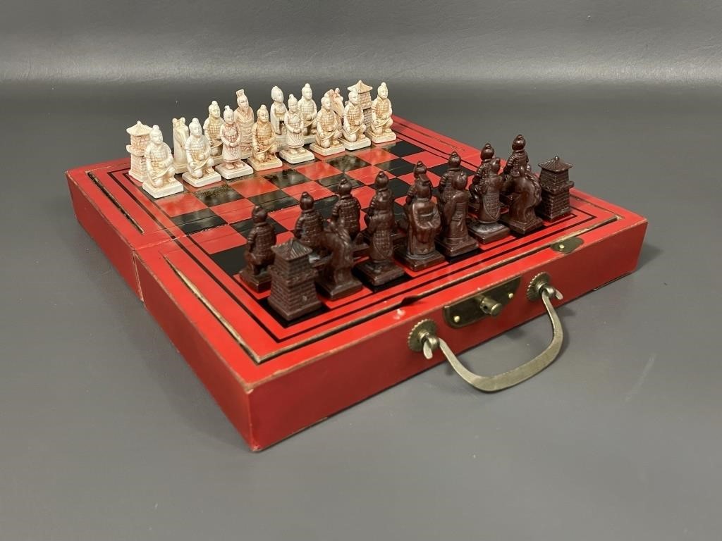 Vintage Chinese Carved Warriors Travel Chess Game