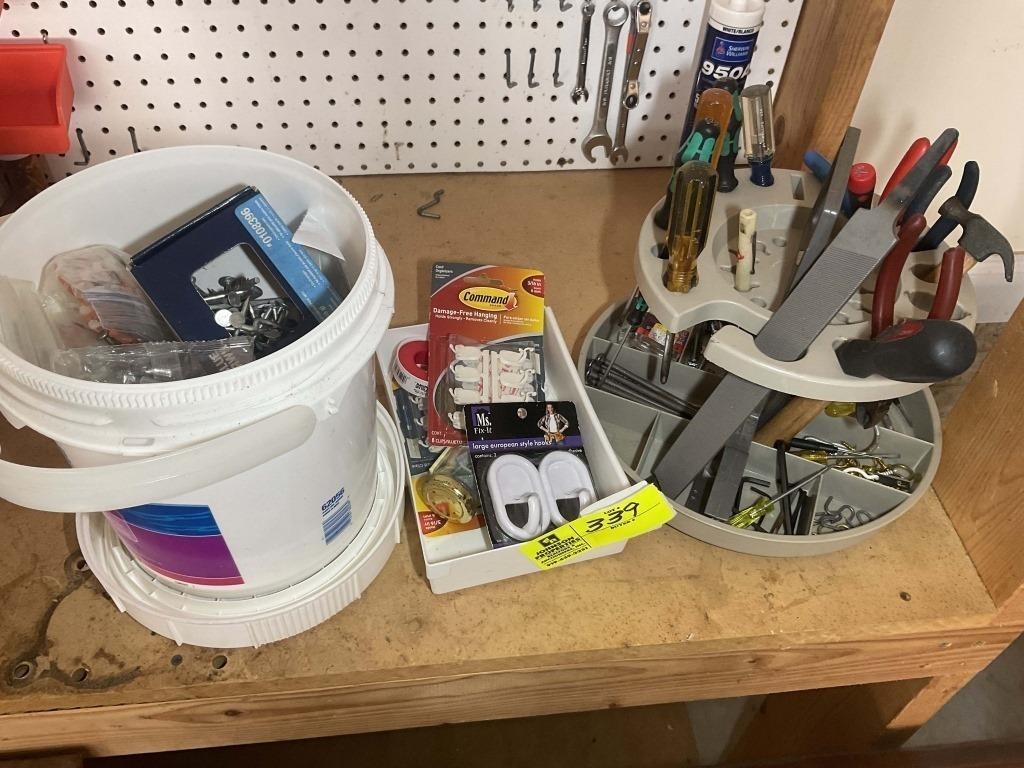 TOOL TRAY AND BUCKET OF NAILS