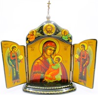 Vintage Russian Triptych Icon Virgin Mary