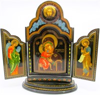 Large Vintage Russian Triptych Icon Virgin Mary