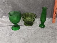 Green Glass Candy Dishes & Vase