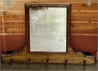 Wood Frame Etched Mirror w/Hat Hooks