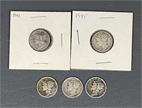 Five 1940’s Mercury Head Silver (90%) Dimes