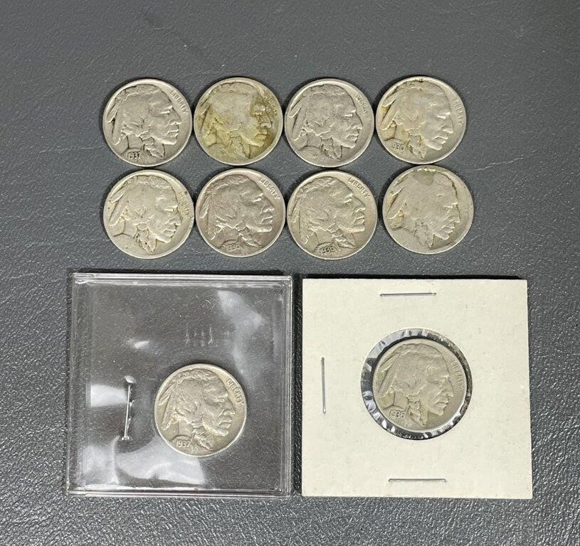 Ten Various Date Buffalo Head Nickels