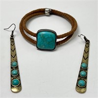 Turquoise & Leather Cuff Bracelet with Earrings