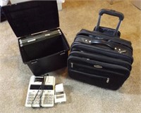 Rolling Brief case, plastic file box & Calculator