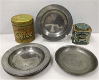 Seven Antique Pewter Plates, Two Tins