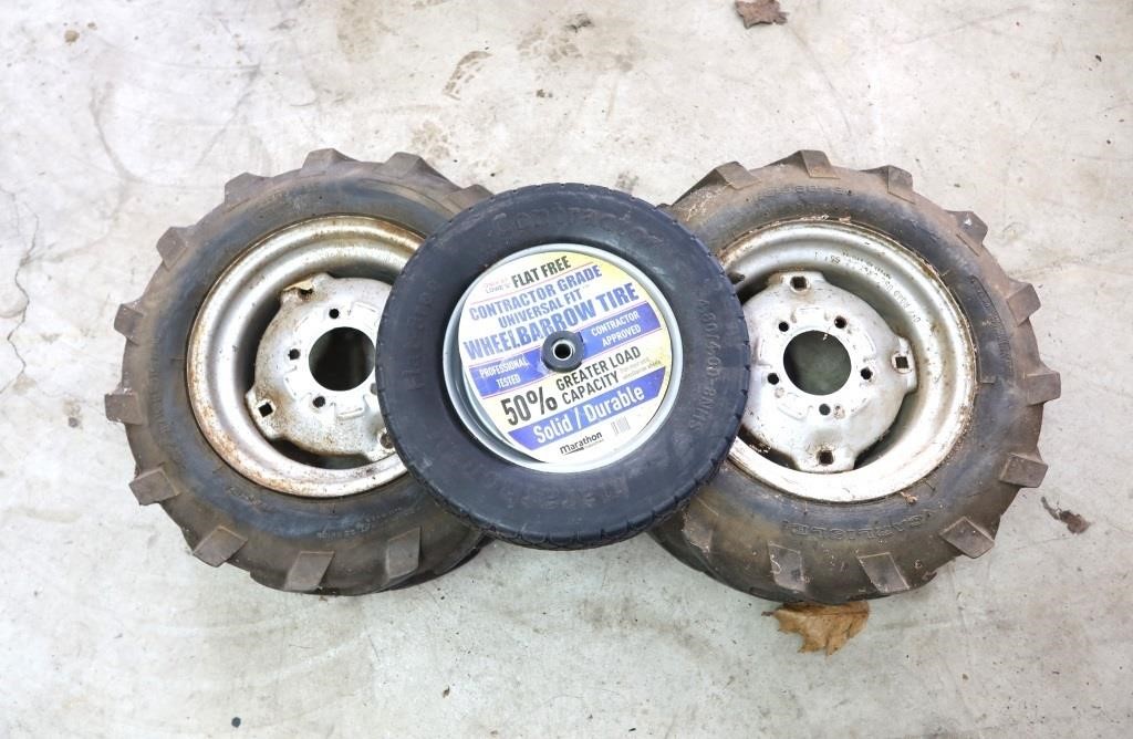 TWO TRACTOR TIRES & WHEEL BARROW TIRE