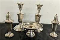 TRAY OF WEIGHTED STERLING, COMPOTE, CANDLE STICK H