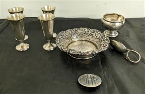 TRAY OF STERLING- CORDIALS, SALT, NUT BOWL