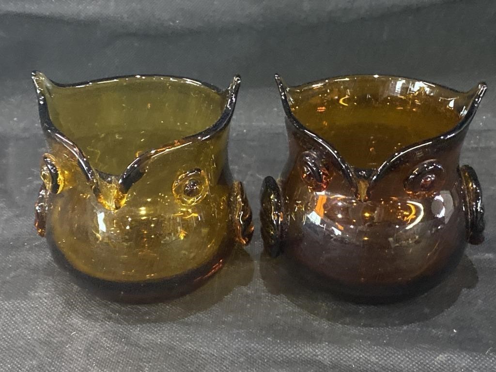 VTG Blenko? Amber Art Glass Owl Votive Holders