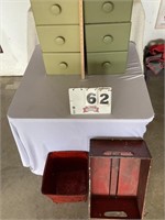 6 painted drawers, wood crate & basket
