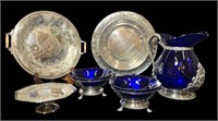 Silver Plate, Cobalt Glass Pitcher and Compotes