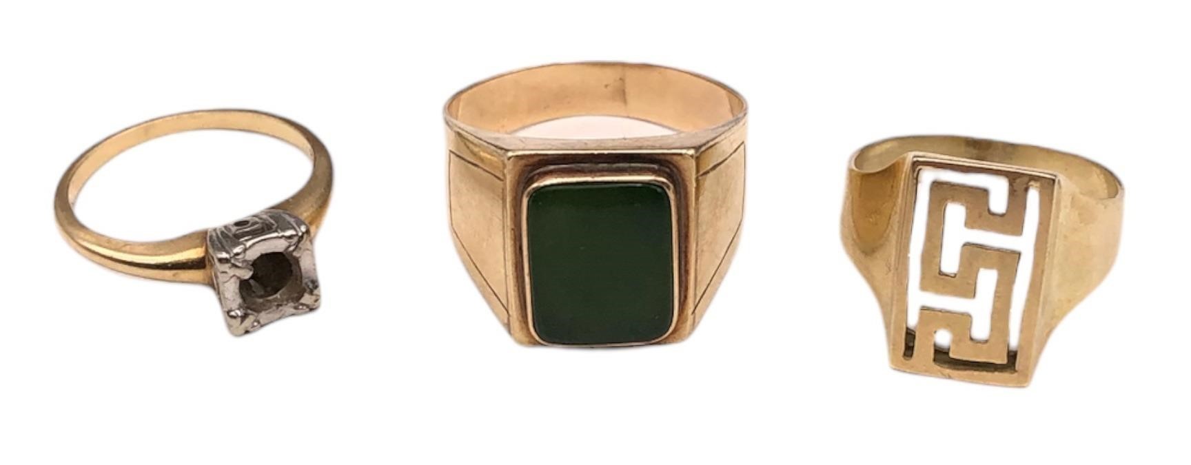 Three Vintage 14k Gold Rings, Jade