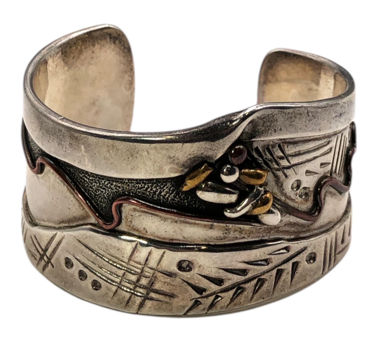 Modernist Sterling Silver, Copper Cuff Bracelet
