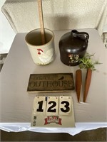 Painted crock jug & painted crock, outhouse sign