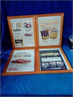 4 framed Retro-style automobile advertisements
