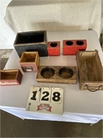 Brick mold, wooden boxes, red sugar molds