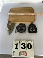 Small cutting board, cast iron trivets & cast